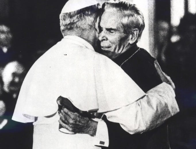 Bishop Sheen and Pope John Paul II hugging